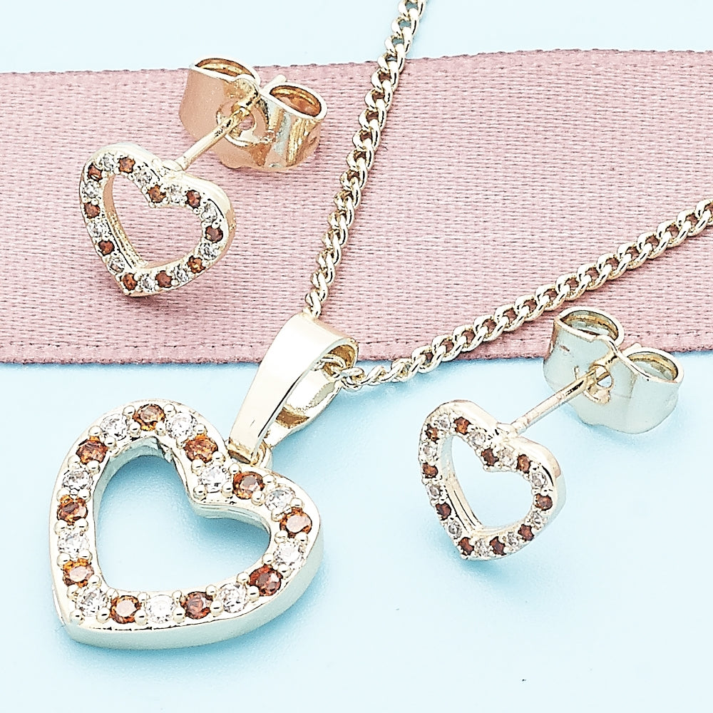 Oro Laminado Earring and Pendant Adult Set, Gold Filled Style Heart Design, with Garnet and White Micro Pave, Polished, Golden Finish