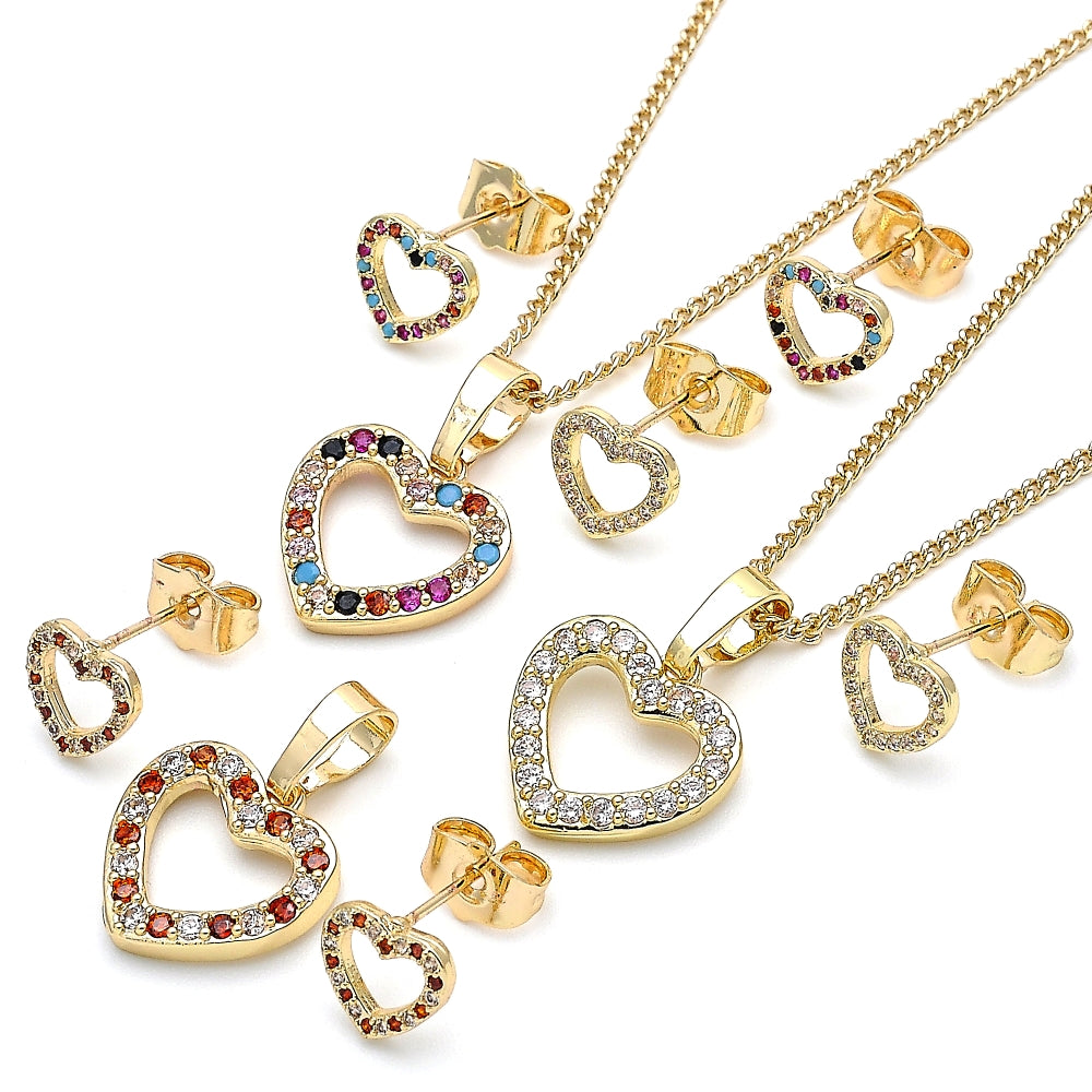 Oro Laminado Earring and Pendant Adult Set, Gold Filled Style Heart Design, with Garnet and White Micro Pave, Polished, Golden Finish