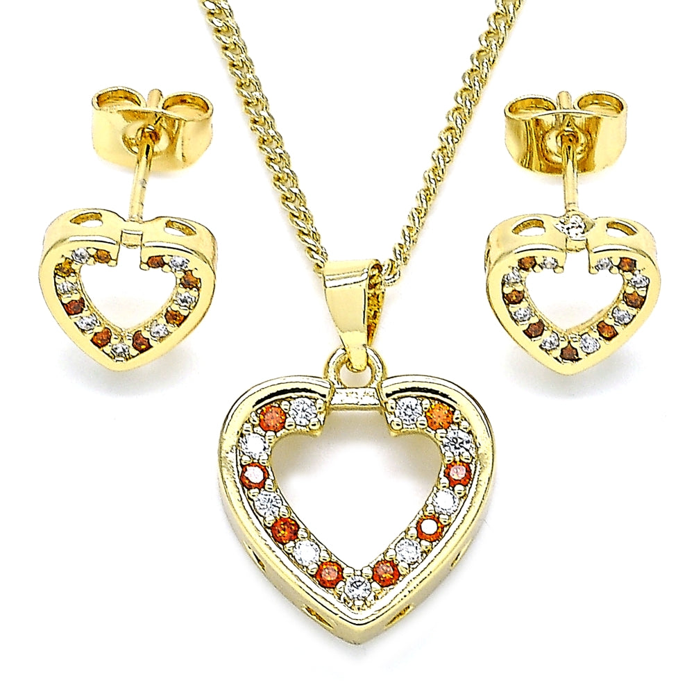 Oro Laminado Earring and Pendant Adult Set, Gold Filled Style Heart Design, with Garnet and White Micro Pave, Polished, Golden Finish