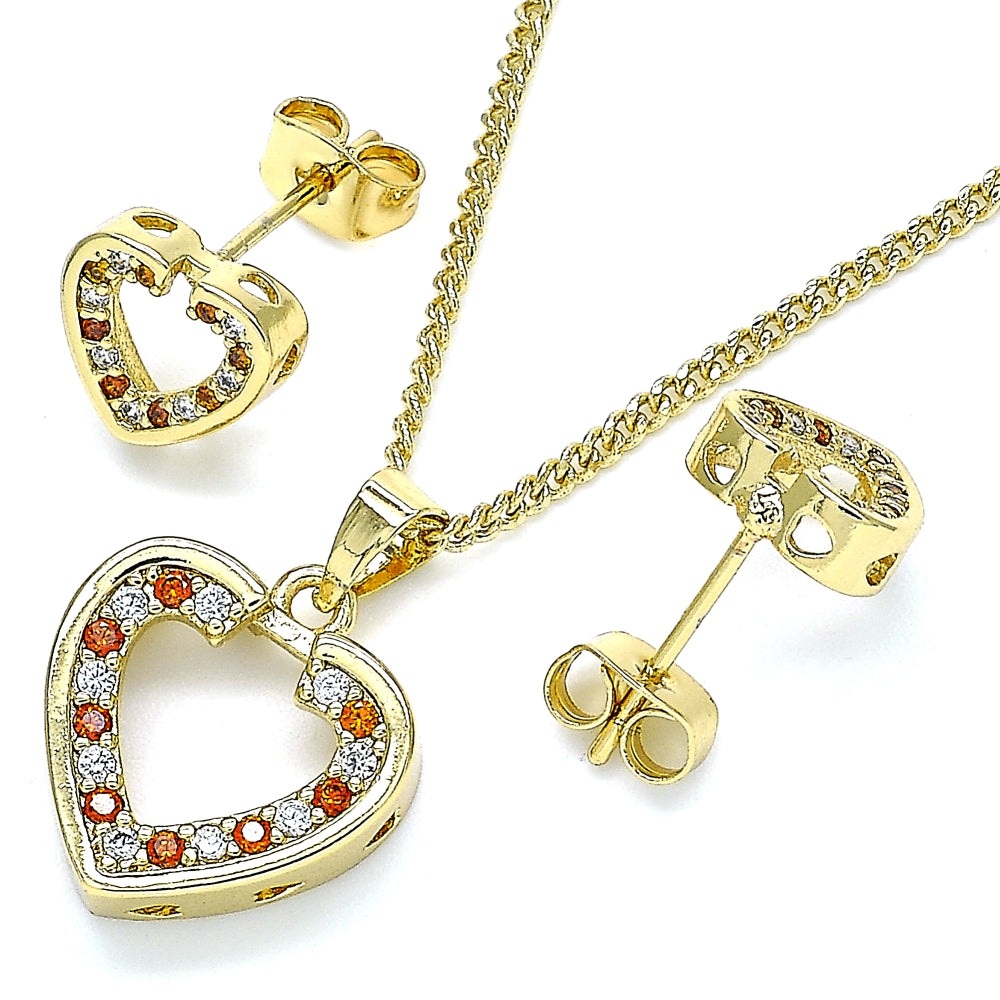 Oro Laminado Earring and Pendant Adult Set, Gold Filled Style Heart Design, with Garnet and White Micro Pave, Polished, Golden Finish