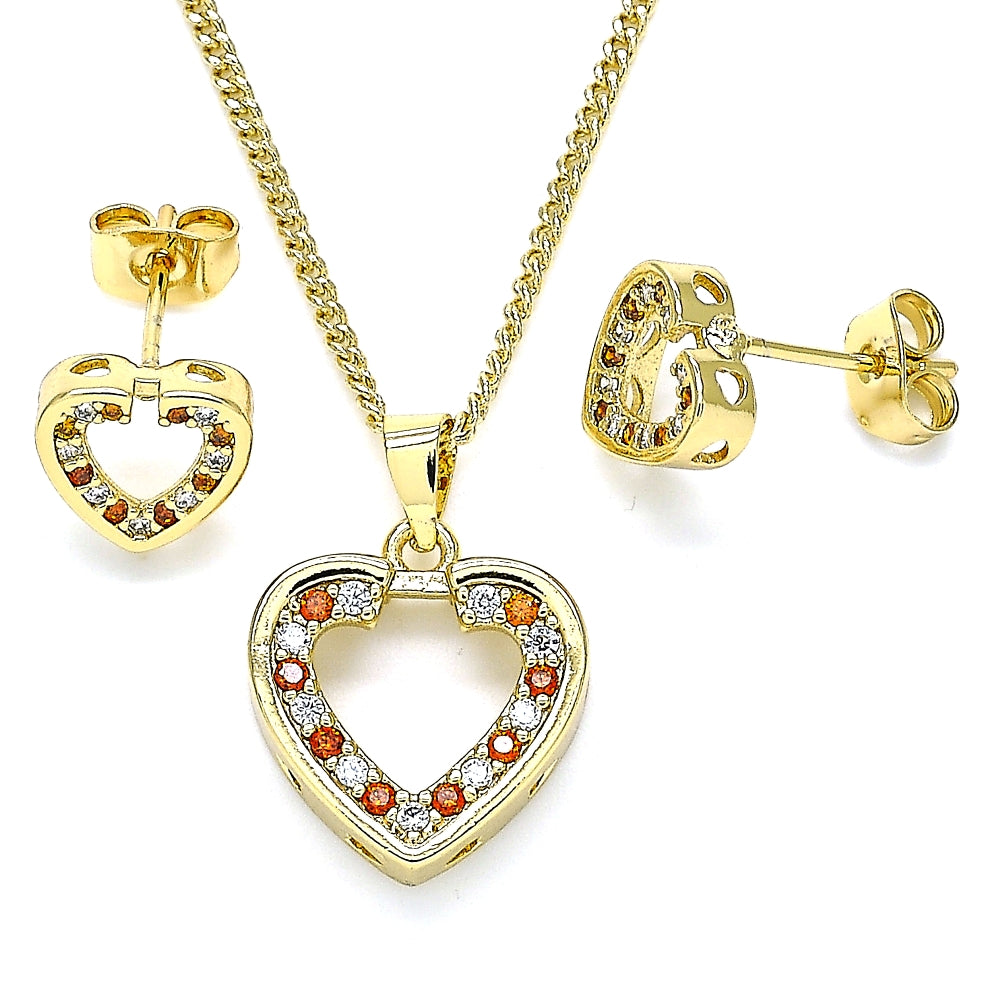 Oro Laminado Earring and Pendant Adult Set, Gold Filled Style Heart Design, with Garnet and White Micro Pave, Polished, Golden Finish