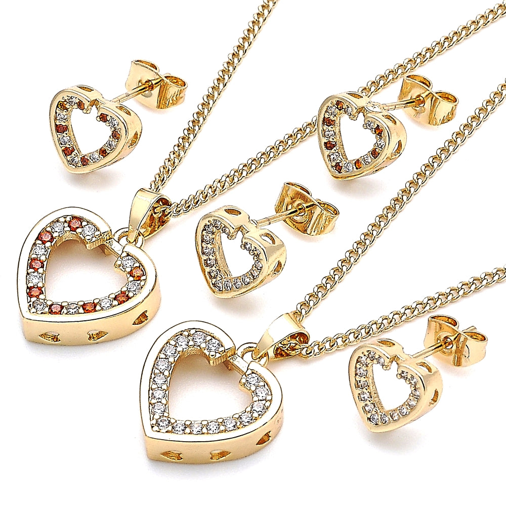 Oro Laminado Earring and Pendant Adult Set, Gold Filled Style Heart Design, with Garnet and White Micro Pave, Polished, Golden Finish