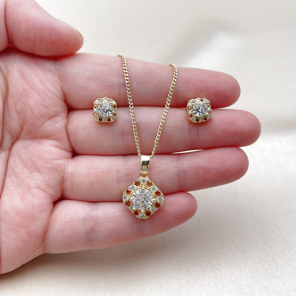 Oro Laminado Earring and Pendant Adult Set, Gold Filled Style Cluster Design, with Garnet and White Micro Pave, Polished, Golden Finish
