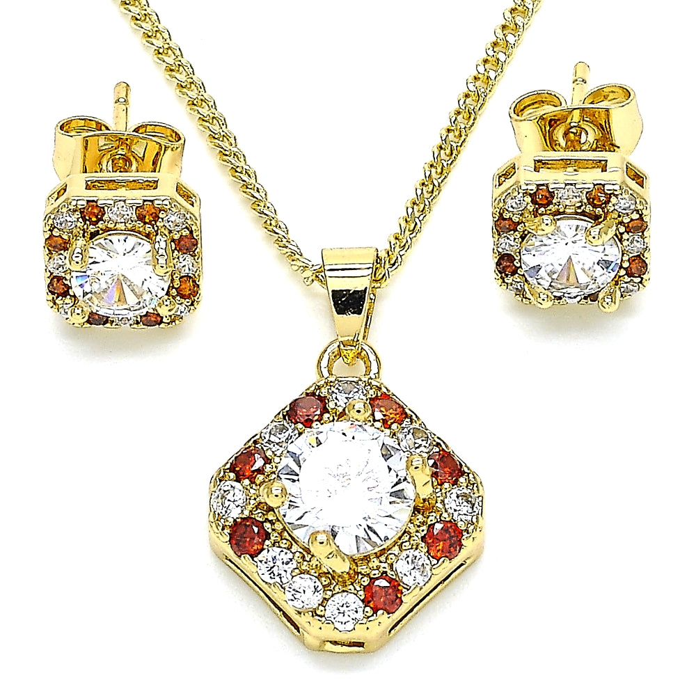 Oro Laminado Earring and Pendant Adult Set, Gold Filled Style Cluster Design, with Garnet and White Micro Pave, Polished, Golden Finish