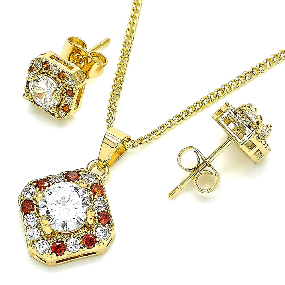 Oro Laminado Earring and Pendant Adult Set, Gold Filled Style Cluster Design, with Garnet and White Micro Pave, Polished, Golden Finish