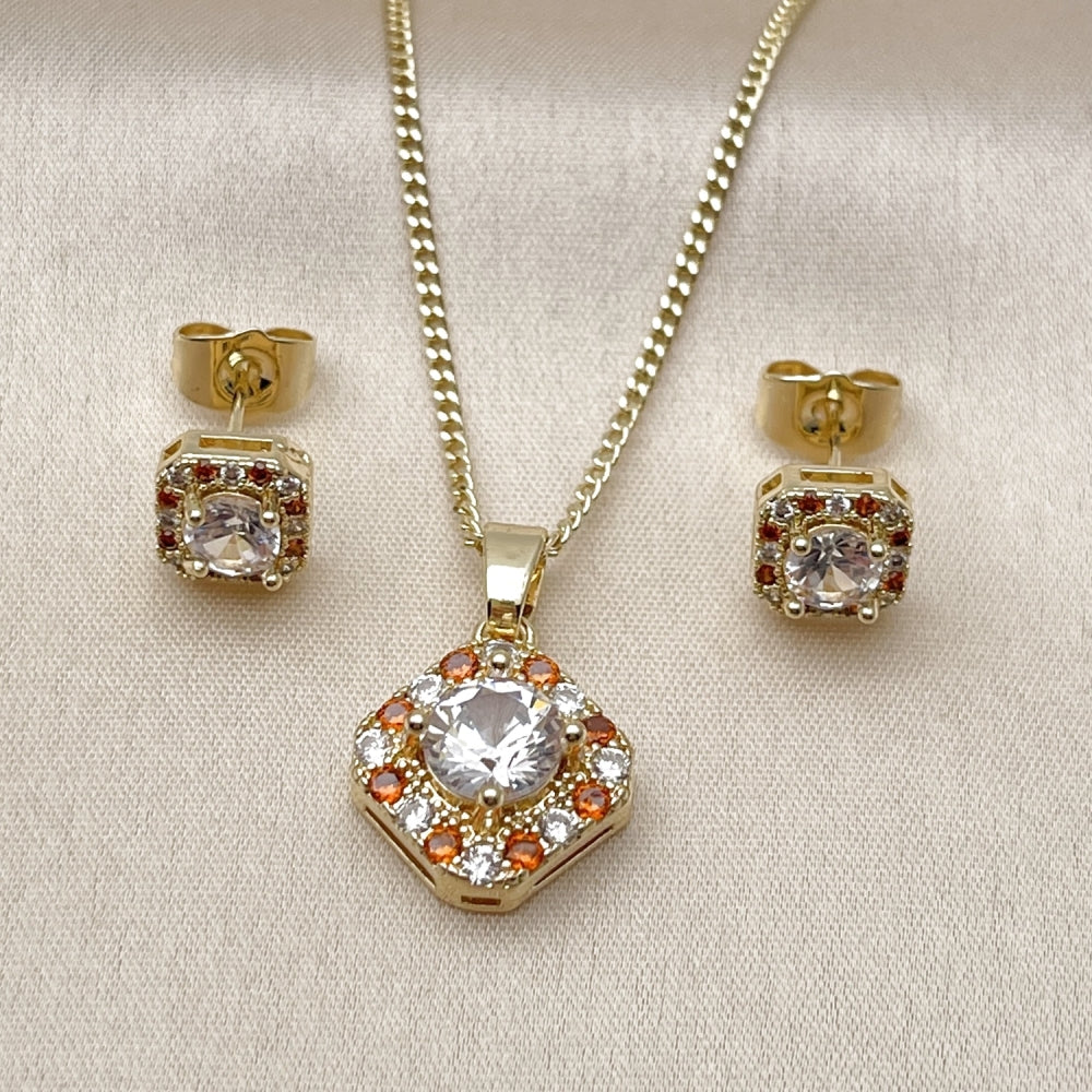 Oro Laminado Earring and Pendant Adult Set, Gold Filled Style Cluster Design, with Garnet and White Micro Pave, Polished, Golden Finish