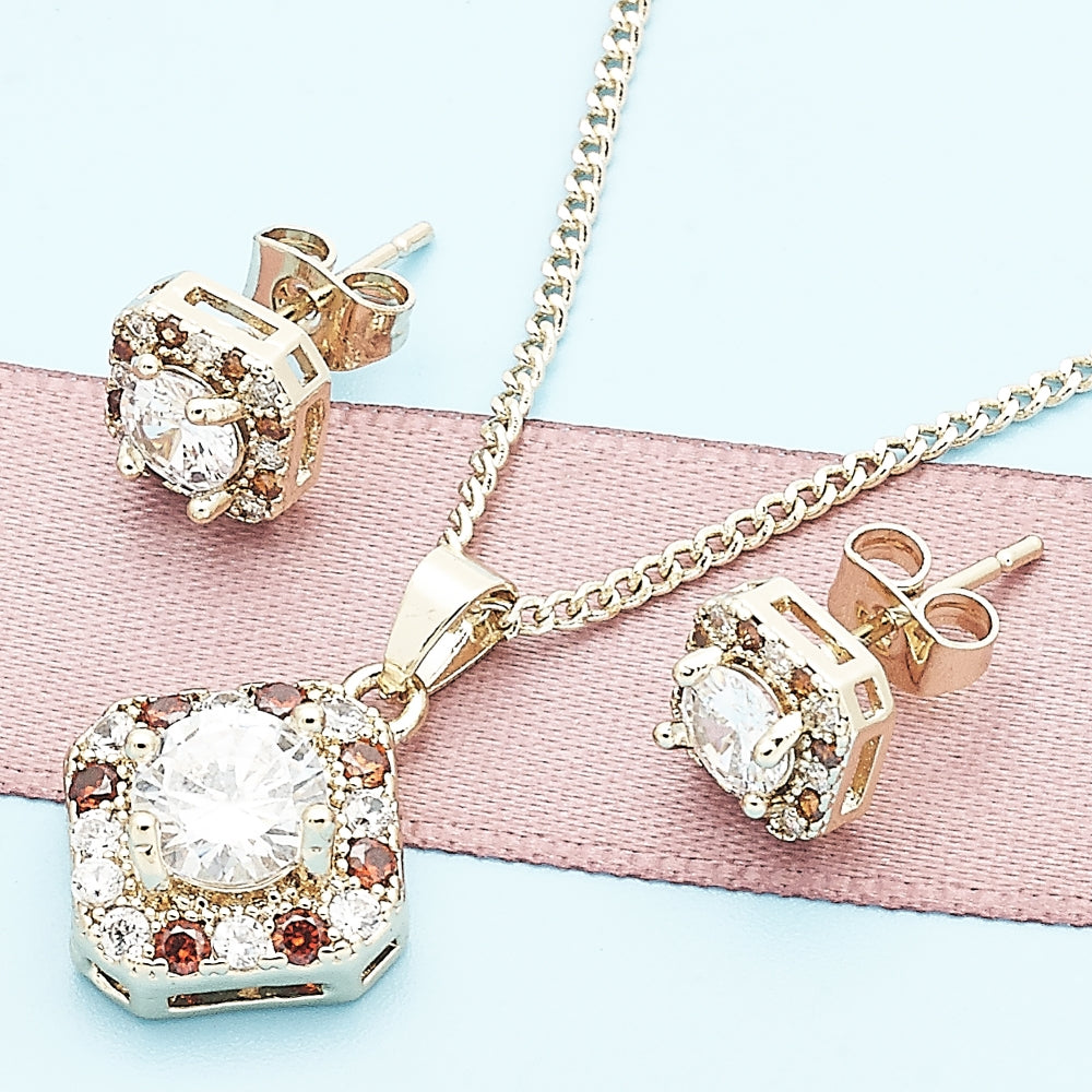Oro Laminado Earring and Pendant Adult Set, Gold Filled Style Cluster Design, with Garnet and White Micro Pave, Polished, Golden Finish