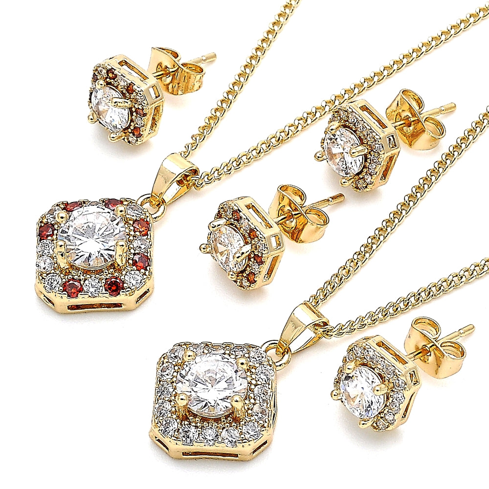 Oro Laminado Earring and Pendant Adult Set, Gold Filled Style Cluster Design, with Garnet and White Micro Pave, Polished, Golden Finish