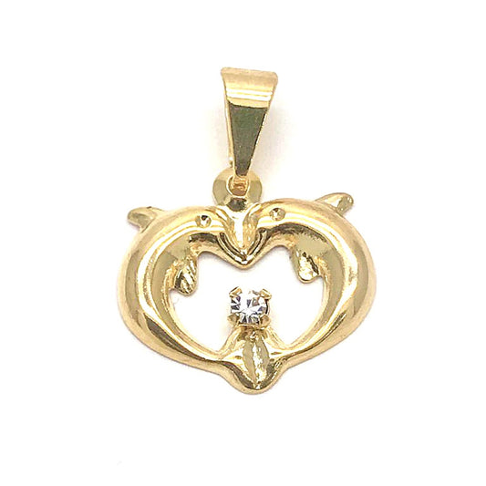 Oro Laminado Fancy Pendant, Gold Filled Style Dolphin and Heart Design, with White Cubic Zirconia, Polished, Golden Finish
