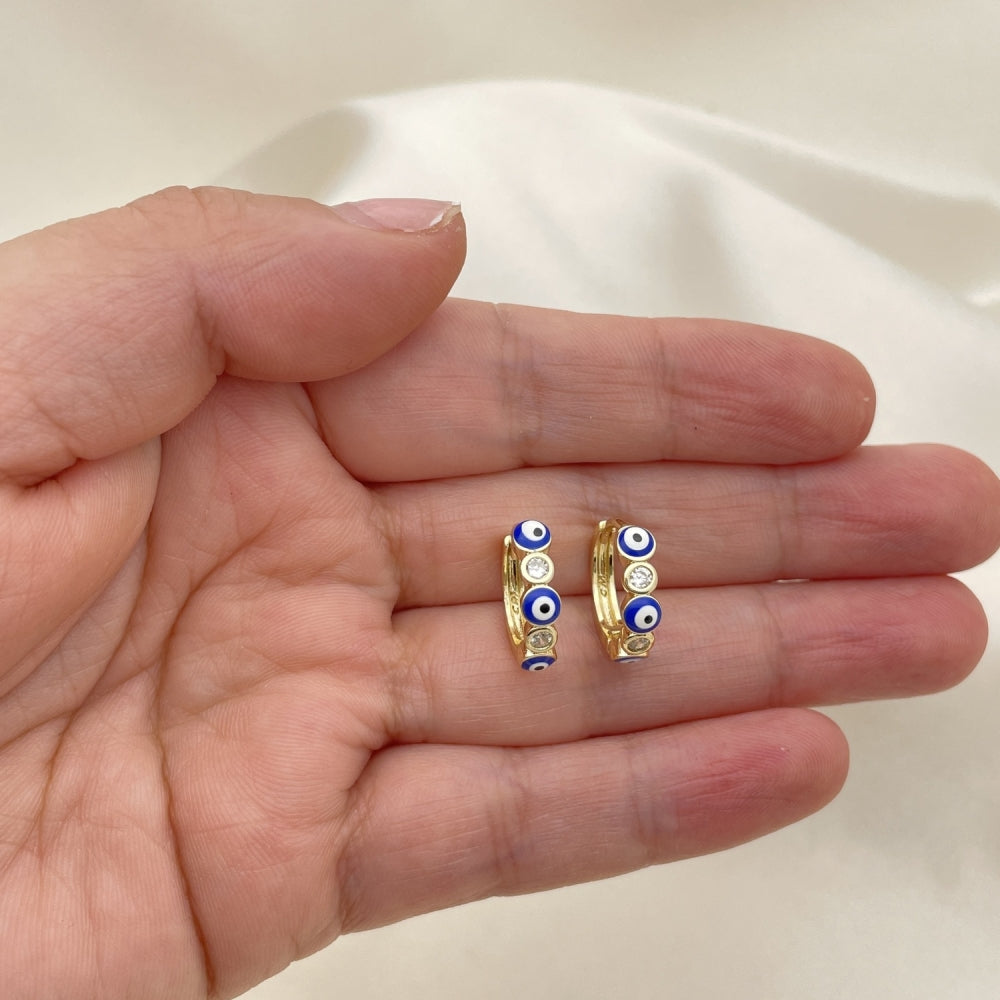 Oro Laminado Huggie Hoop, Gold Filled Style Evil Eye Design, with White Cubic Zirconia, Blue Enamel Finish, Golden Finish
