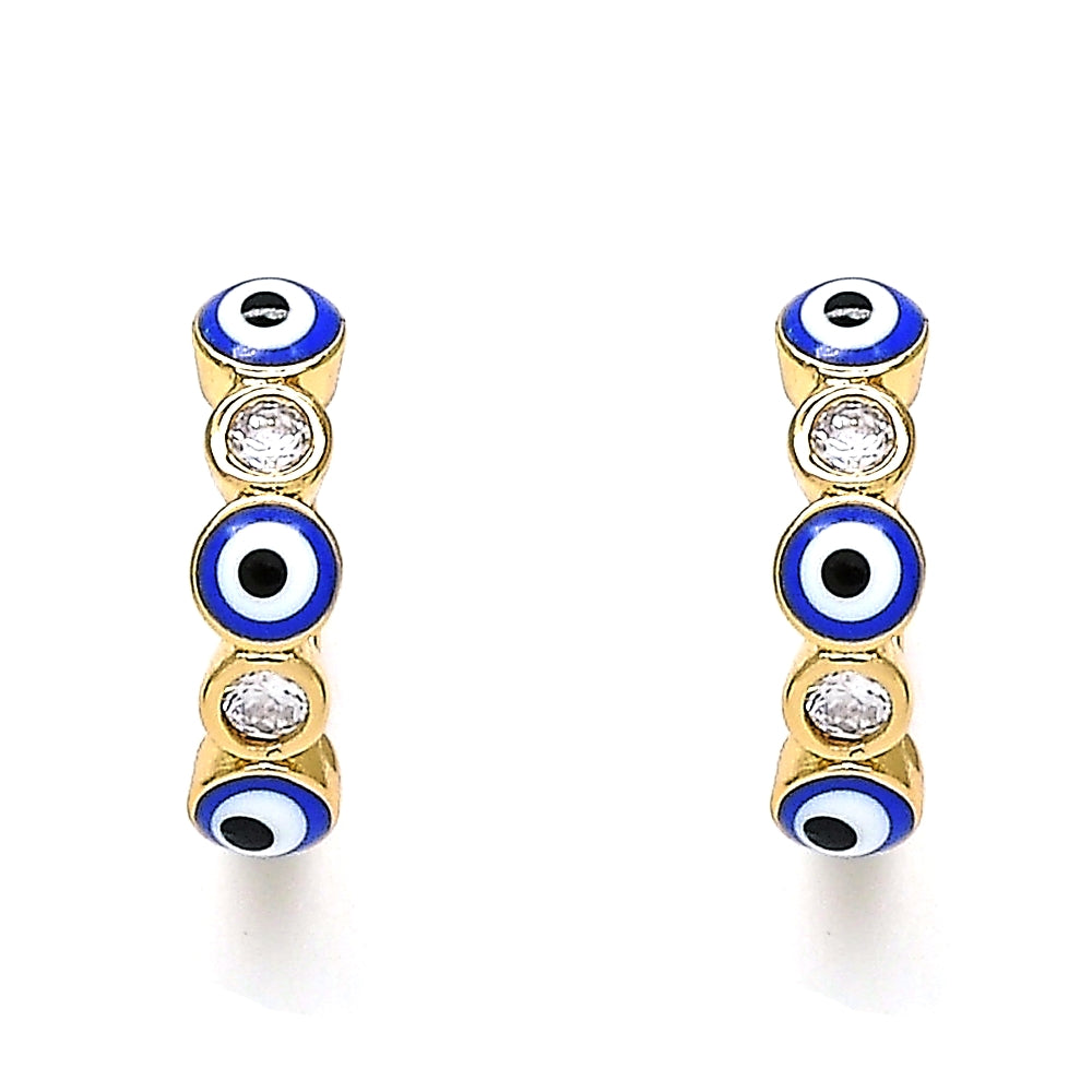 Oro Laminado Huggie Hoop, Gold Filled Style Evil Eye Design, with White Cubic Zirconia, Blue Enamel Finish, Golden Finish