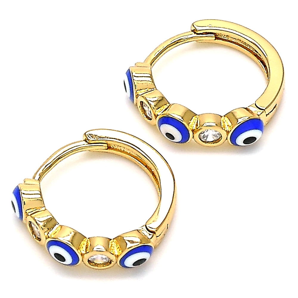 Oro Laminado Huggie Hoop, Gold Filled Style Evil Eye Design, with White Cubic Zirconia, Blue Enamel Finish, Golden Finish
