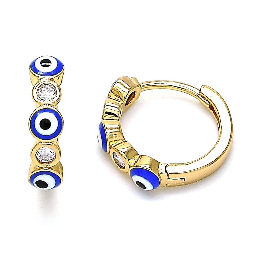 Oro Laminado Huggie Hoop, Gold Filled Style Evil Eye Design, with White Cubic Zirconia, Blue Enamel Finish, Golden Finish