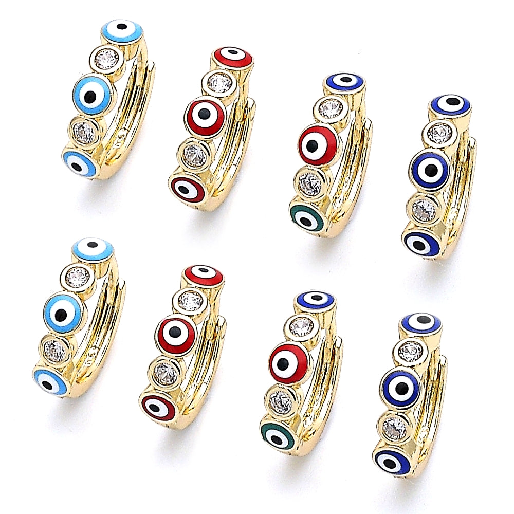 Oro Laminado Huggie Hoop, Gold Filled Style Evil Eye Design, with White Cubic Zirconia, Blue Enamel Finish, Golden Finish