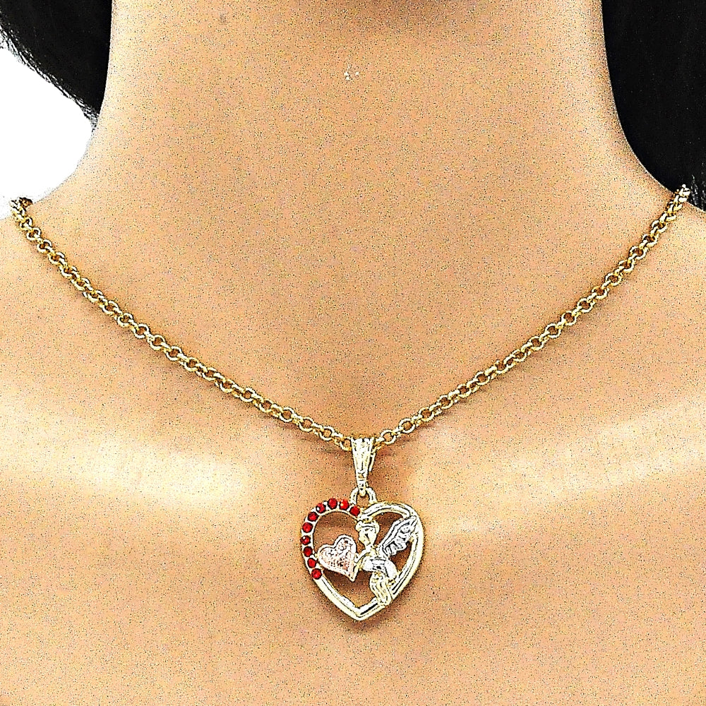 Oro Laminado Religious Pendant, Gold Filled Style Angel and Heart Design, with Garnet Crystal, Polished, Tricolor