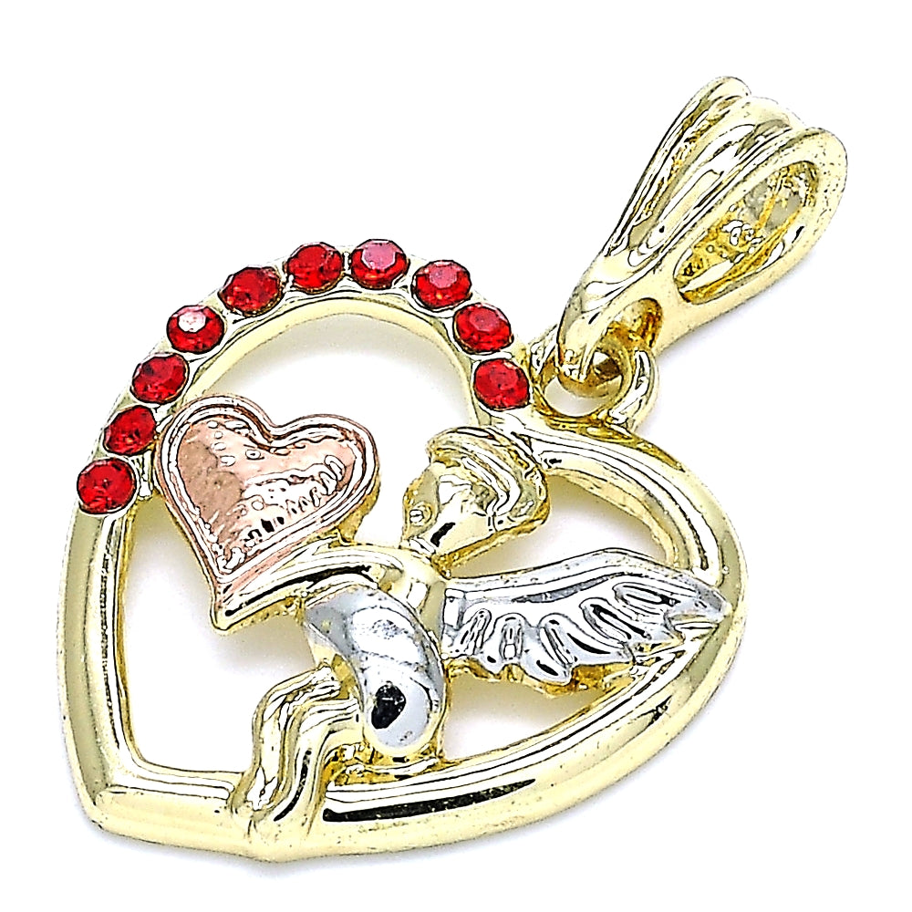 Oro Laminado Religious Pendant, Gold Filled Style Angel and Heart Design, with Garnet Crystal, Polished, Tricolor