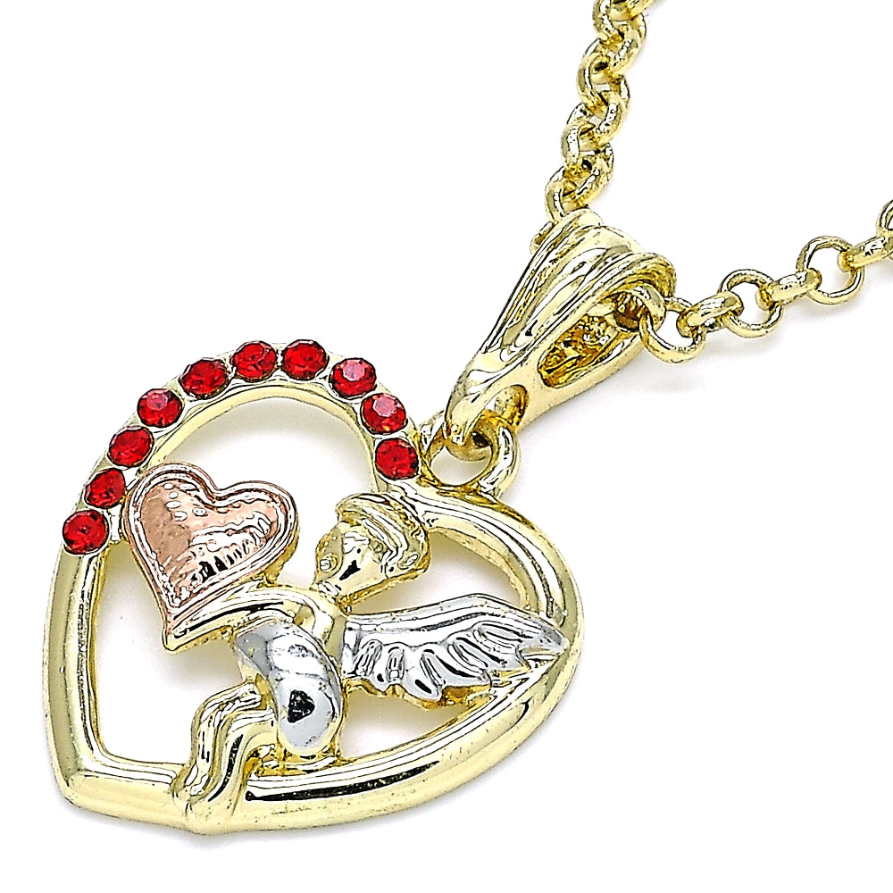 Oro Laminado Religious Pendant, Gold Filled Style Angel and Heart Design, with Garnet Crystal, Polished, Tricolor