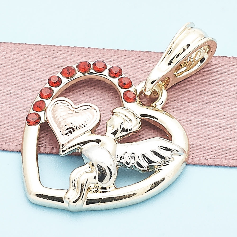 Oro Laminado Religious Pendant, Gold Filled Style Angel and Heart Design, with Garnet Crystal, Polished, Tricolor