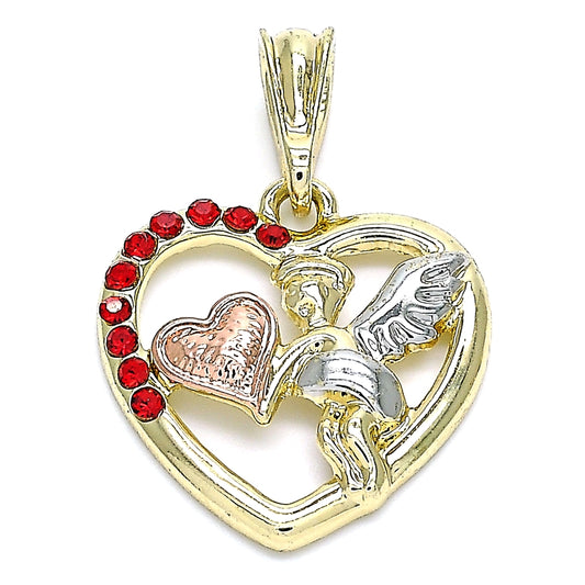 Oro Laminado Religious Pendant, Gold Filled Style Angel and Heart Design, with Garnet Crystal, Polished, Tricolor