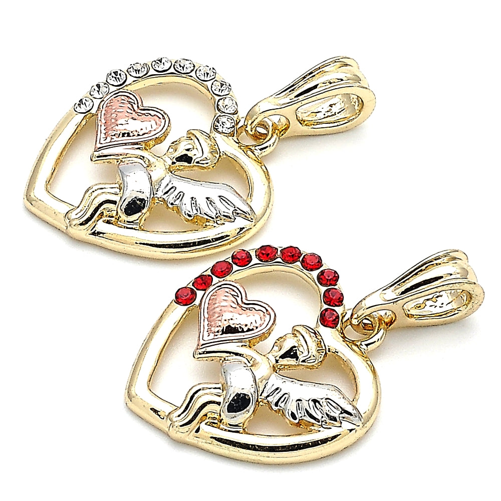 Oro Laminado Religious Pendant, Gold Filled Style Angel and Heart Design, with Garnet Crystal, Polished, Tricolor