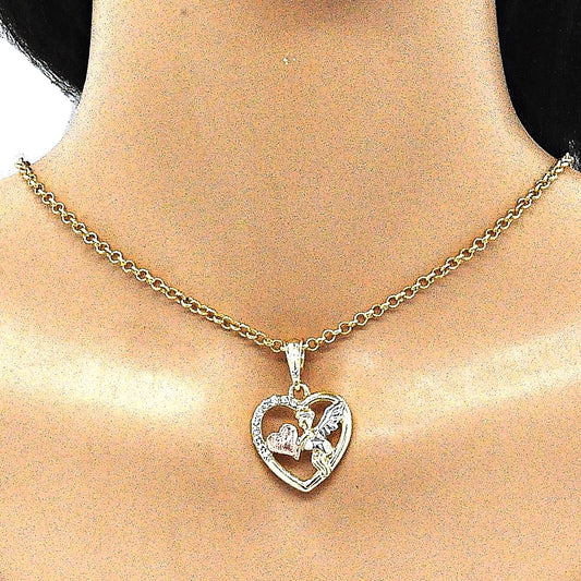 Oro Laminado Religious Pendant, Gold Filled Style Angel and Heart Design, with White Crystal, Polished, Tricolor