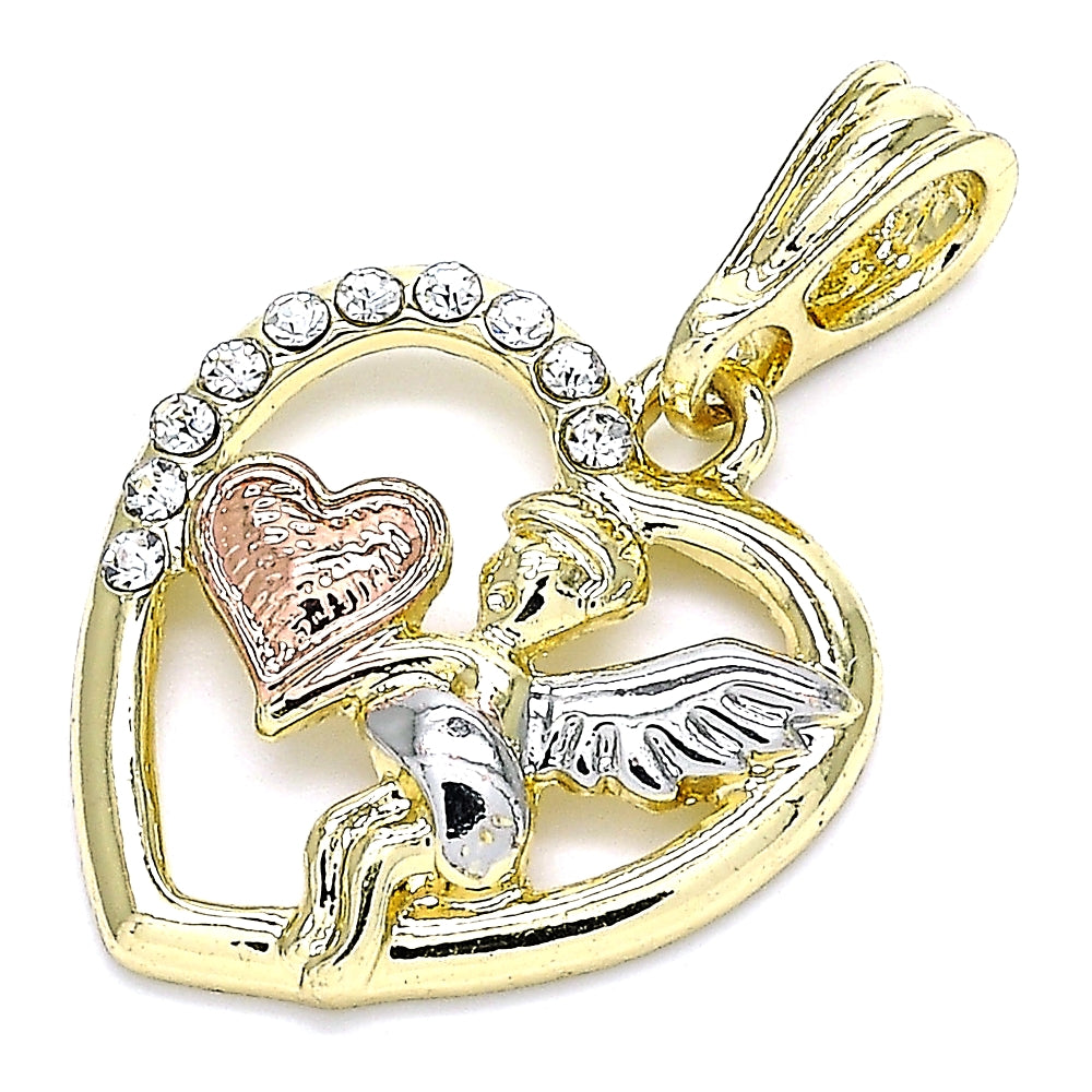 Oro Laminado Religious Pendant, Gold Filled Style Angel and Heart Design, with White Crystal, Polished, Tricolor