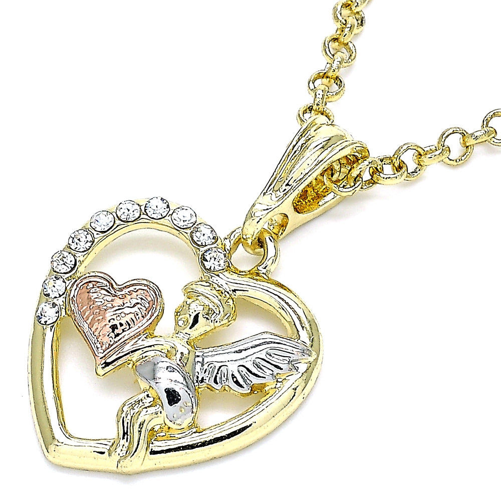 Oro Laminado Religious Pendant, Gold Filled Style Angel and Heart Design, with White Crystal, Polished, Tricolor