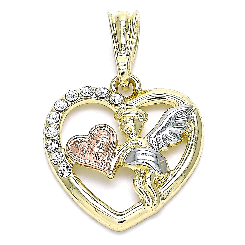 Oro Laminado Religious Pendant, Gold Filled Style Angel and Heart Design, with White Crystal, Polished, Tricolor