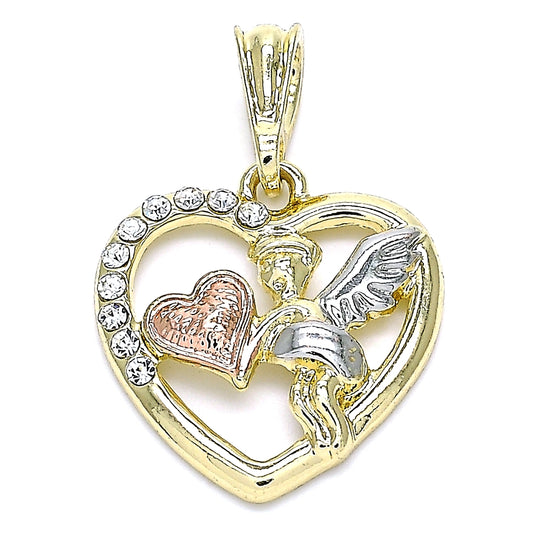 Oro Laminado Religious Pendant, Gold Filled Style Angel and Heart Design, with White Crystal, Polished, Tricolor