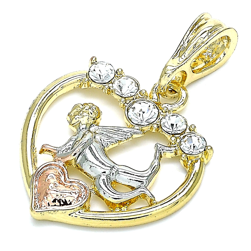 Oro Laminado Religious Pendant, Gold Filled Style Angel and Heart Design, with White Crystal, Polished, Tricolor