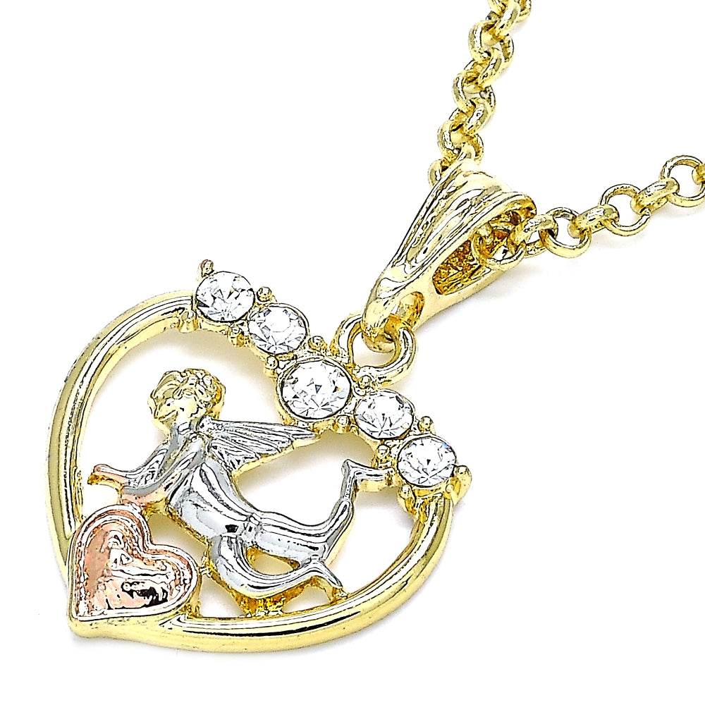 Oro Laminado Religious Pendant, Gold Filled Style Angel and Heart Design, with White Crystal, Polished, Tricolor