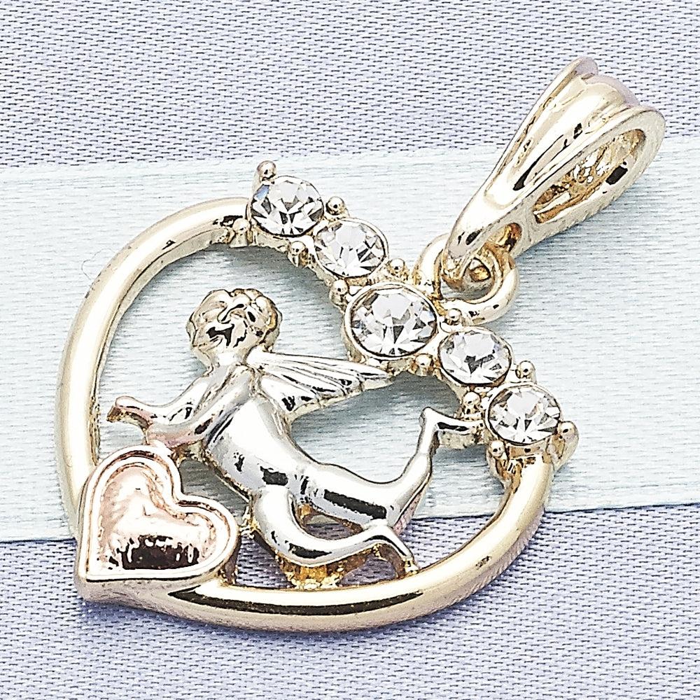 Oro Laminado Religious Pendant, Gold Filled Style Angel and Heart Design, with White Crystal, Polished, Tricolor