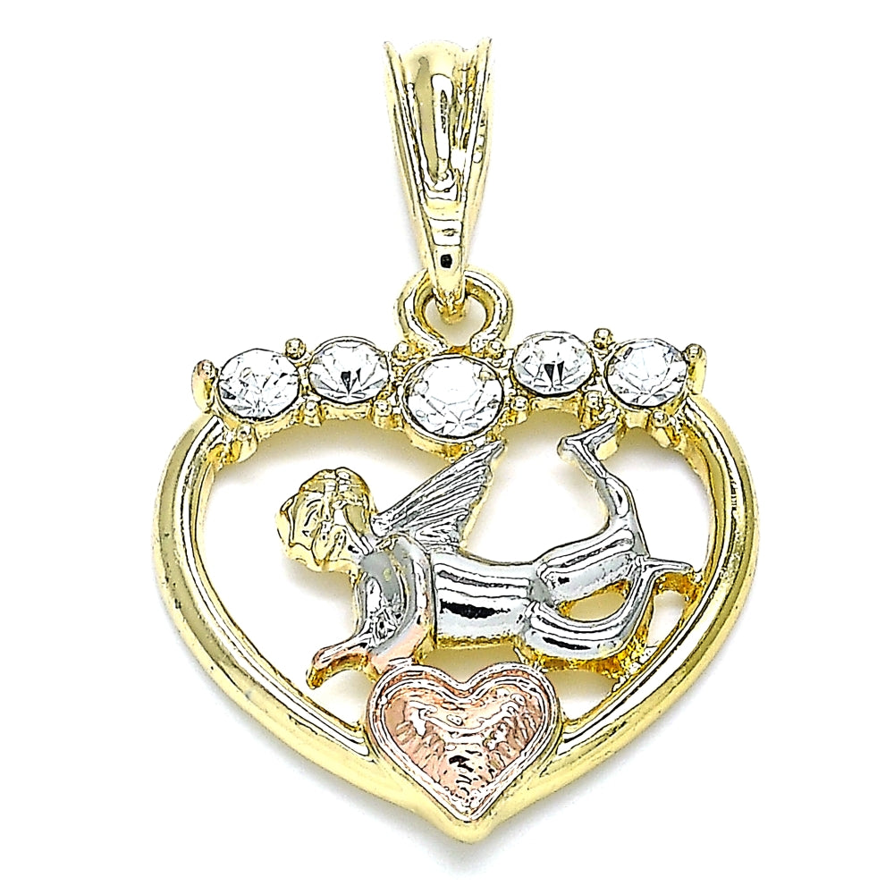 Oro Laminado Religious Pendant, Gold Filled Style Angel and Heart Design, with White Crystal, Polished, Tricolor