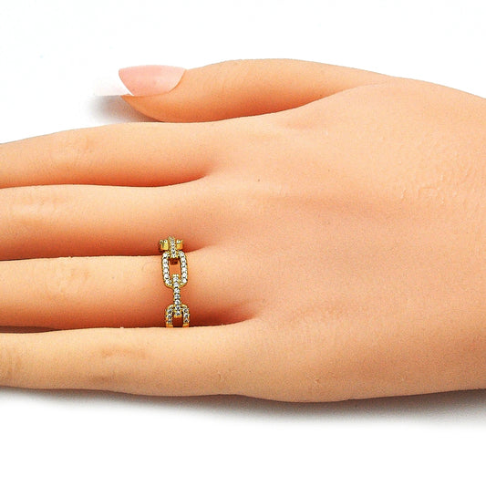 Oro Laminado Multi Stone Ring, Gold Filled Style Paperclip Design, with White Micro Pave, Polished, Golden Finish