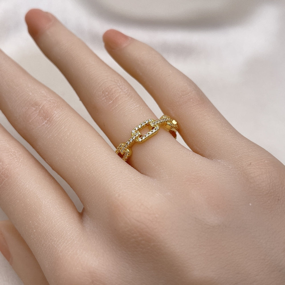 Oro Laminado Multi Stone Ring, Gold Filled Style Paperclip Design, with White Micro Pave, Polished, Golden Finish