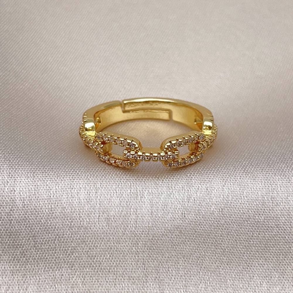 Oro Laminado Multi Stone Ring, Gold Filled Style Paperclip Design, with White Micro Pave, Polished, Golden Finish