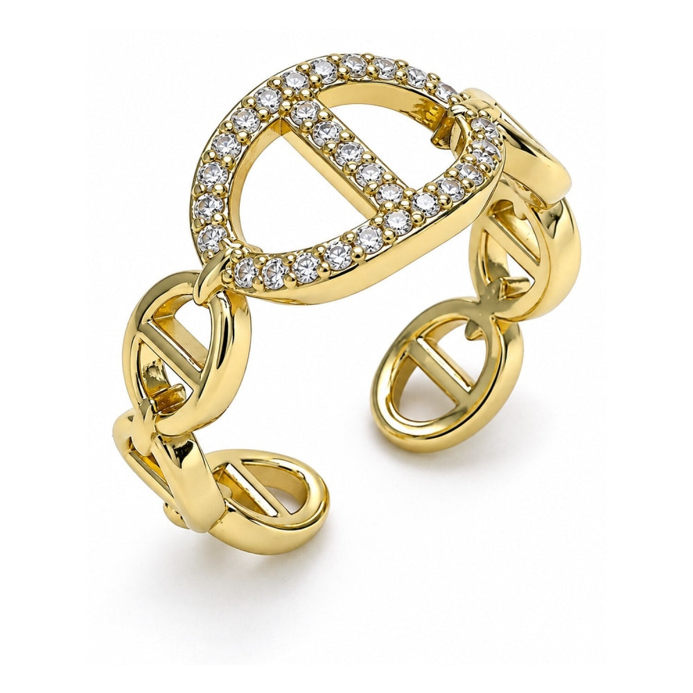 Oro Laminado Multi Stone Ring, Gold Filled Style Puff Mariner Design, with White Micro Pave, Polished, Golden Finish