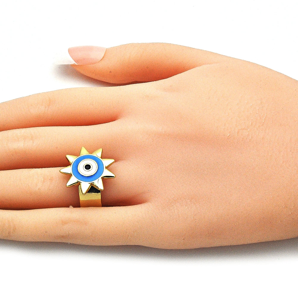 Oro Laminado Elegant Ring, Gold Filled Style Evil Eye and Sun Design, Blue Enamel Finish, Golden Finish