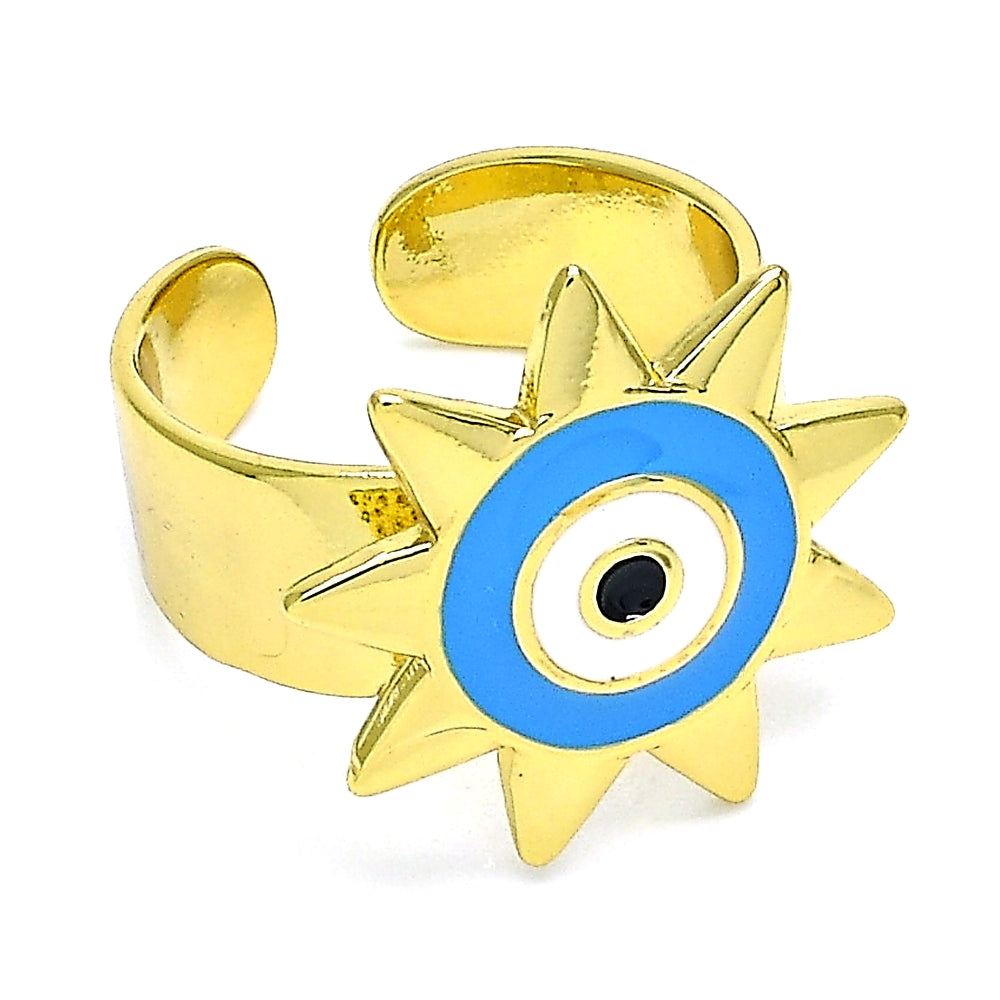 Oro Laminado Elegant Ring, Gold Filled Style Evil Eye and Sun Design, Blue Enamel Finish, Golden Finish