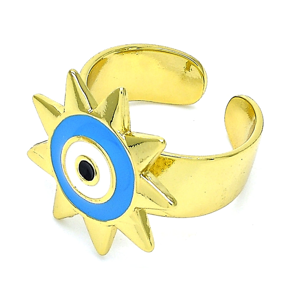Oro Laminado Elegant Ring, Gold Filled Style Evil Eye and Sun Design, Blue Enamel Finish, Golden Finish