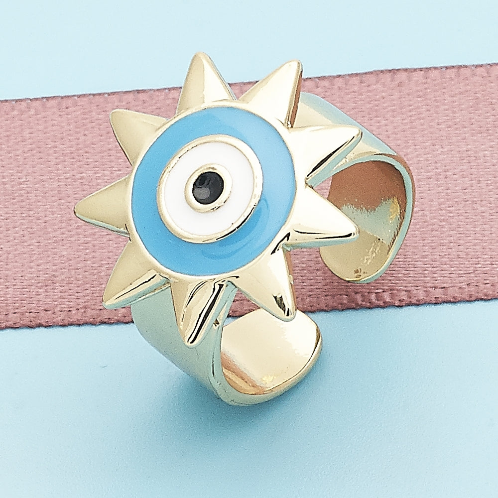 Oro Laminado Elegant Ring, Gold Filled Style Evil Eye and Sun Design, Blue Enamel Finish, Golden Finish