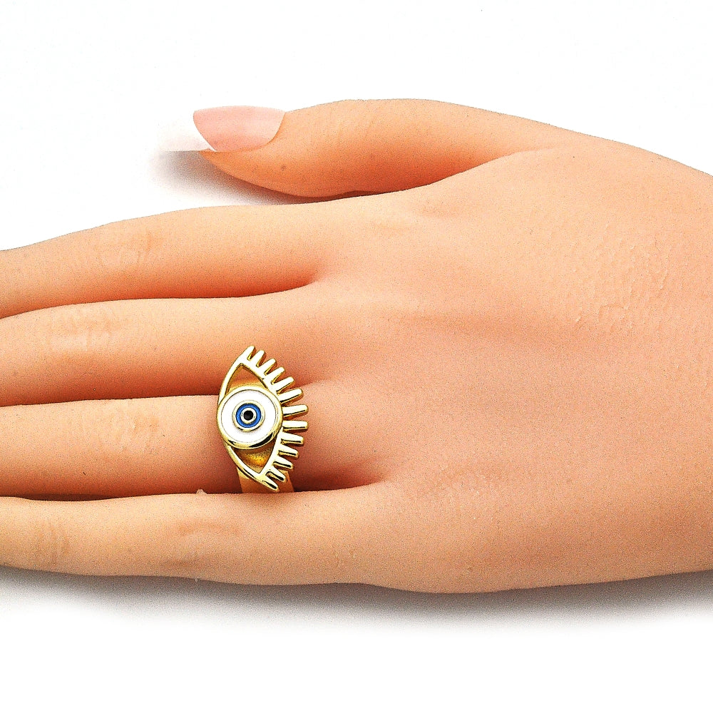 Oro Laminado Elegant Ring, Gold Filled Style Evil Eye Design, White Enamel Finish, Golden Finish