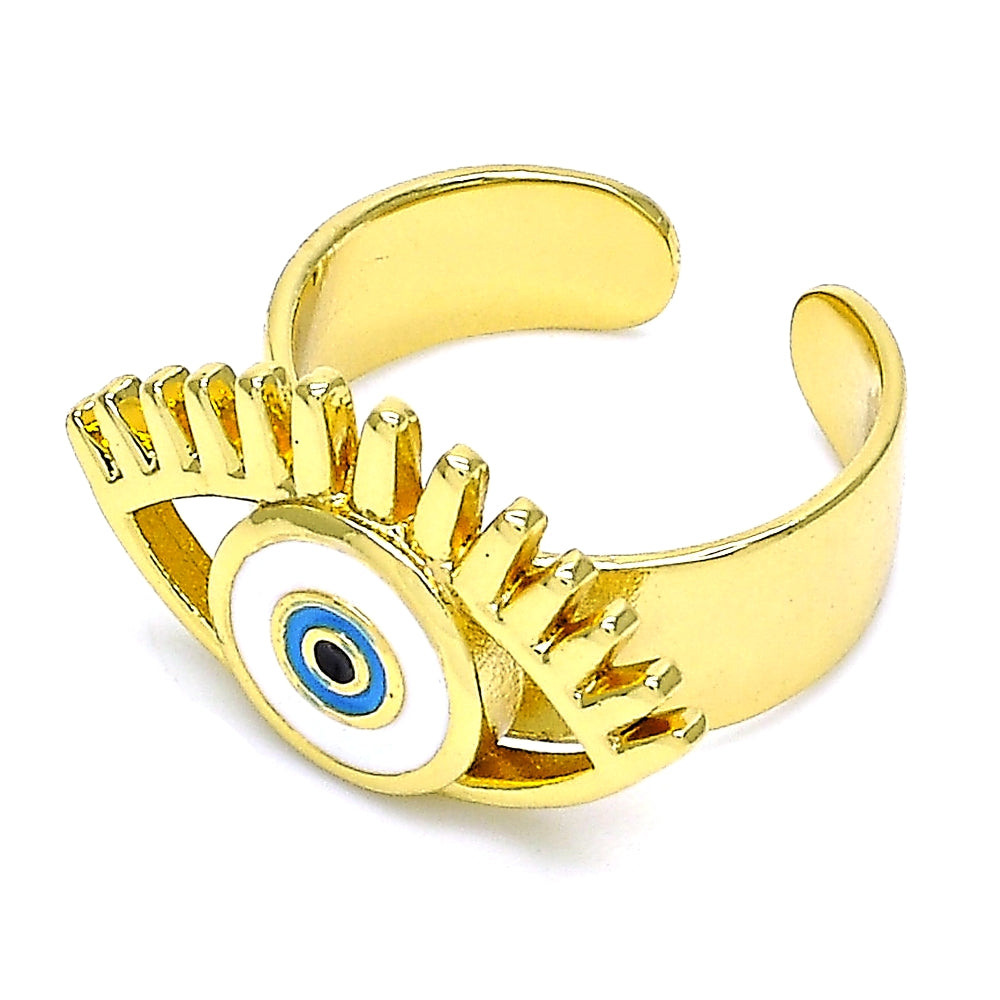 Oro Laminado Elegant Ring, Gold Filled Style Evil Eye Design, White Enamel Finish, Golden Finish