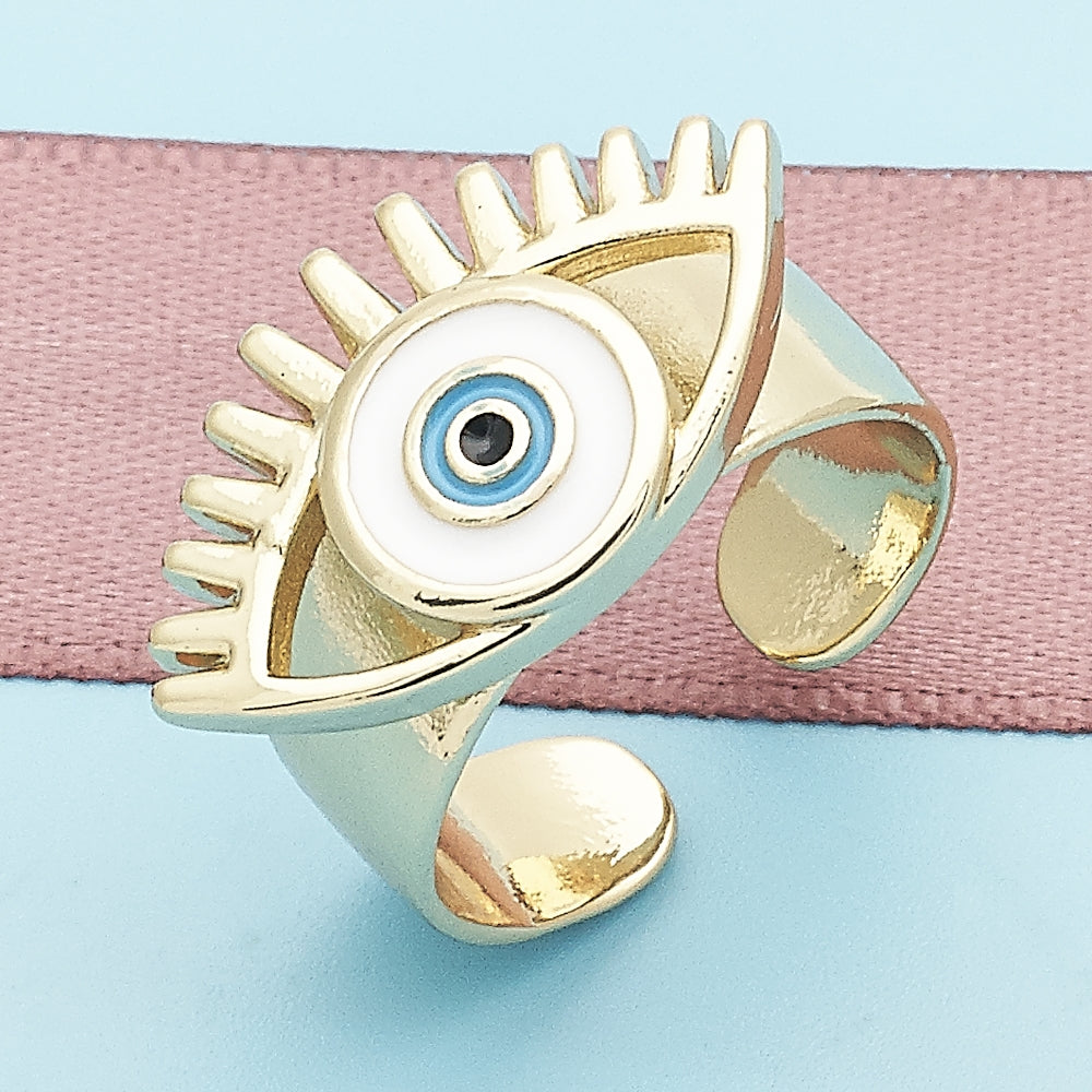 Oro Laminado Elegant Ring, Gold Filled Style Evil Eye Design, White Enamel Finish, Golden Finish