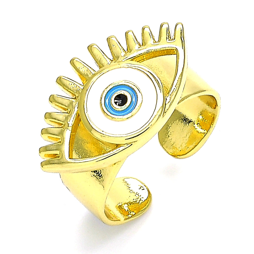 Oro Laminado Elegant Ring, Gold Filled Style Evil Eye Design, White Enamel Finish, Golden Finish