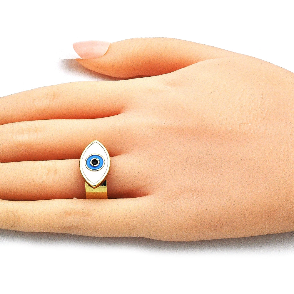 Oro Laminado Elegant Ring, Gold Filled Style Evil Eye Design, White Enamel Finish, Golden Finish