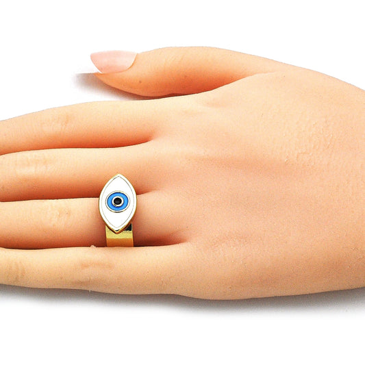 Oro Laminado Elegant Ring, Gold Filled Style Evil Eye Design, White Enamel Finish, Golden Finish
