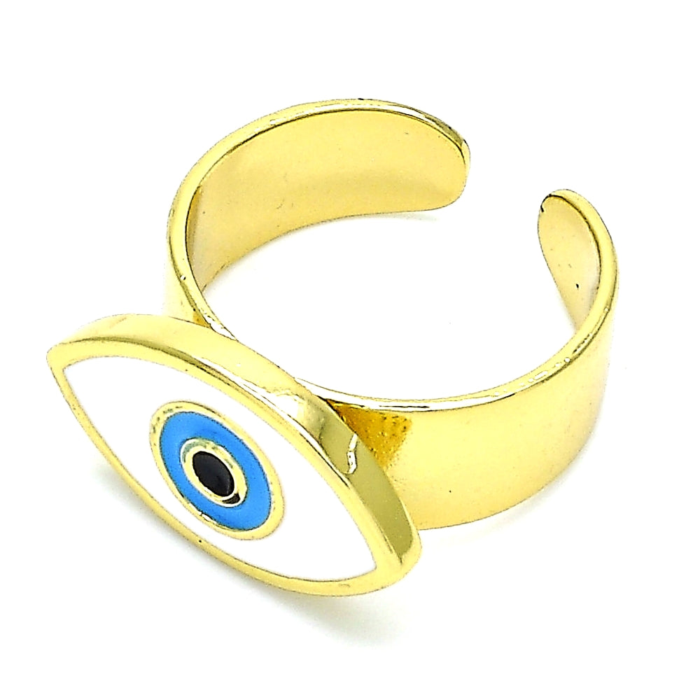 Oro Laminado Elegant Ring, Gold Filled Style Evil Eye Design, White Enamel Finish, Golden Finish