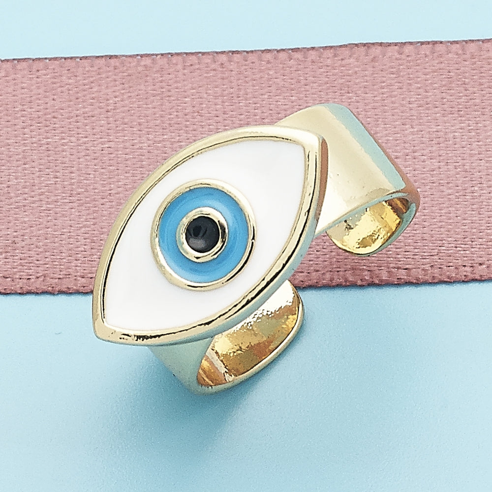 Oro Laminado Elegant Ring, Gold Filled Style Evil Eye Design, White Enamel Finish, Golden Finish