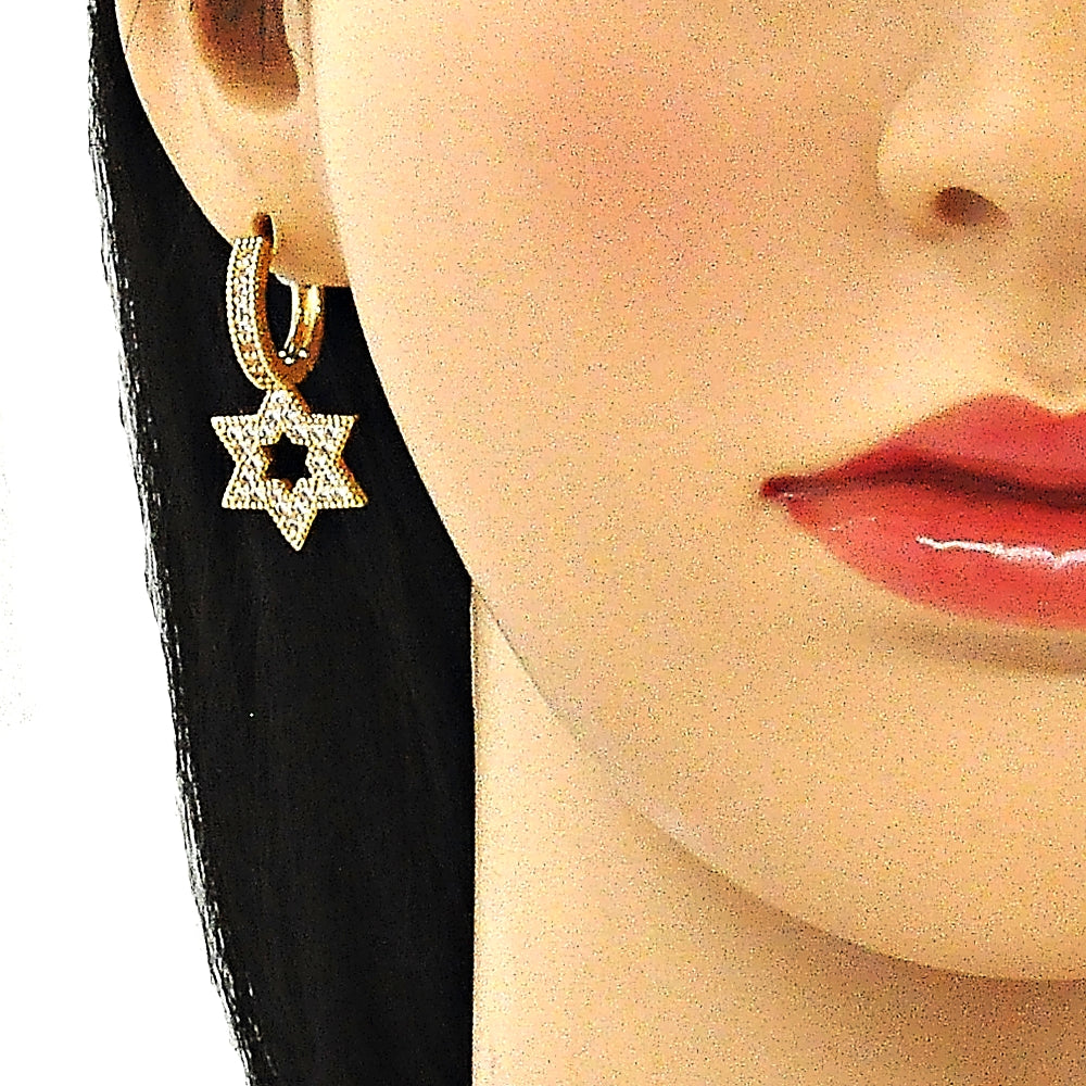 Oro Laminado Huggie Hoop, Gold Filled Style Star of David Design, with White Micro Pave, Polished, Golden Finish